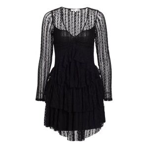 LoveShackFancy Yana Tiered Black Ruffle Lace Mini Dress